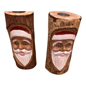 Santa Taper Candle Holder Midwest Hand Carved Wooden Set Rustic Christmas Decor